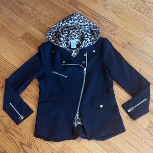Veronica Beard Black Moto Jacket with Leopard Hood with Dickey insert